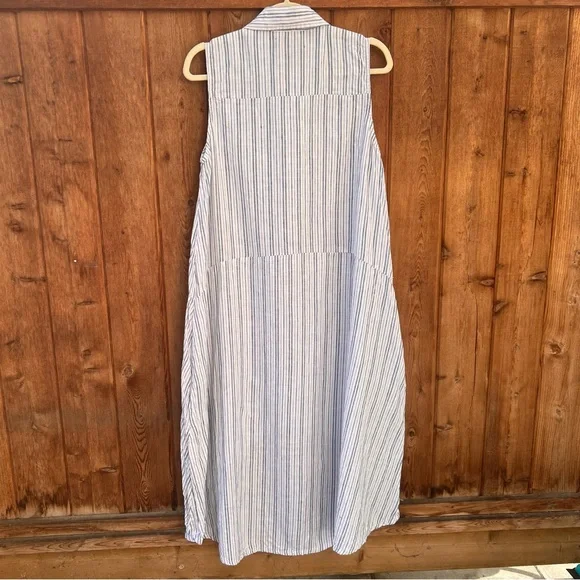Le Paris Petit Linen Sleeveless Tunic Dress Pinstripe Button Down High Low Hem M - Picture 3 of 10